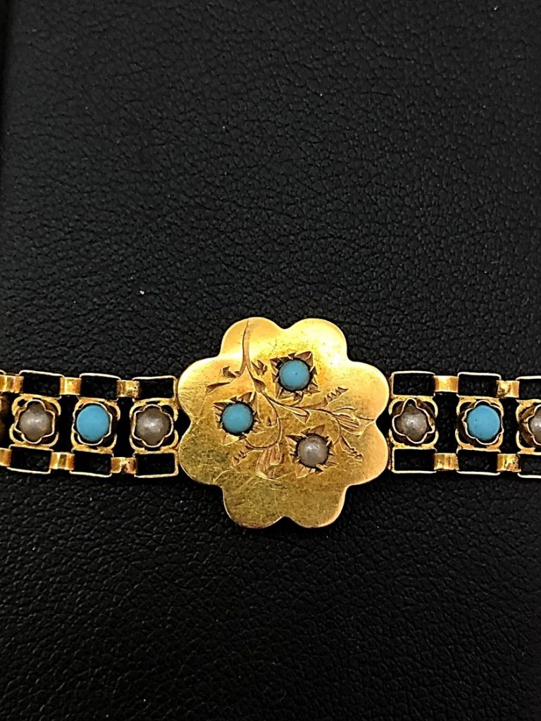 Pulseira com pedras artificiais brancas e naturais turquesas azuis - Image 3